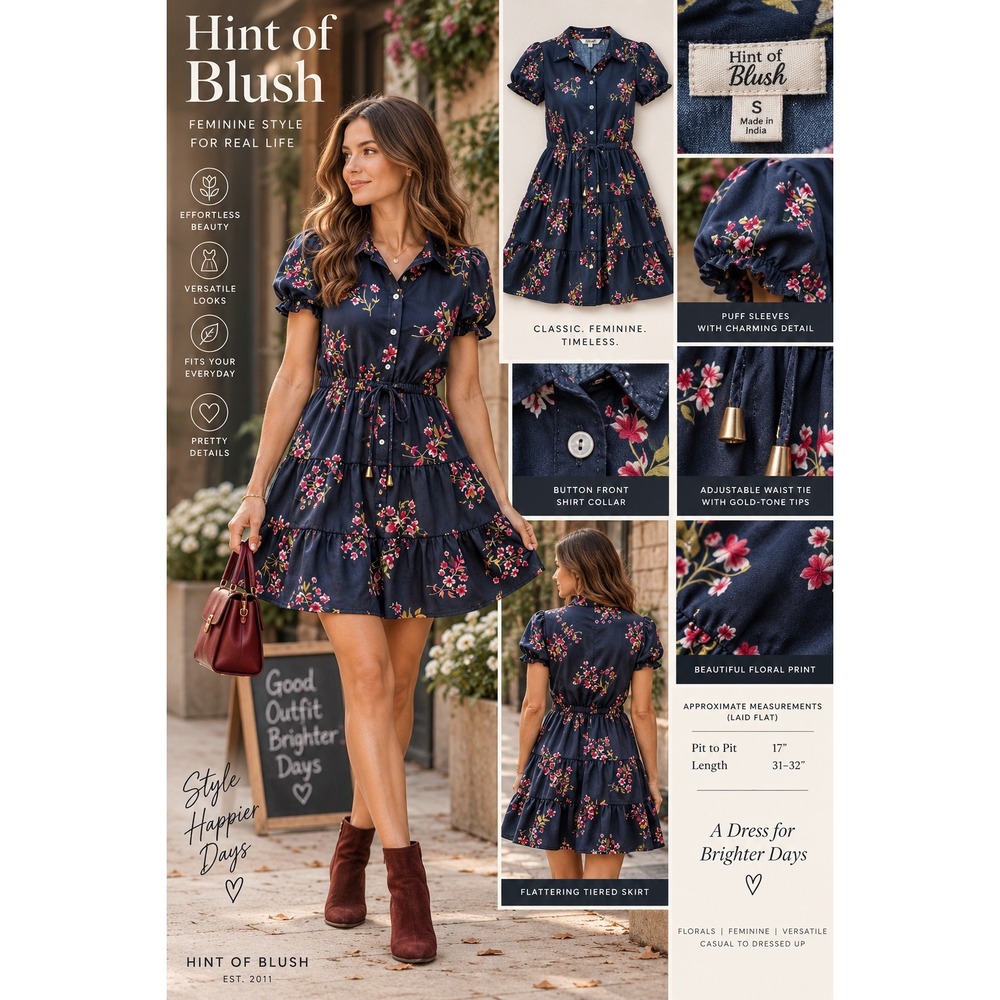Hint of Blush Womens S Navy Floral Shirt Dress Tiered Puff Sleeve Cottagecore